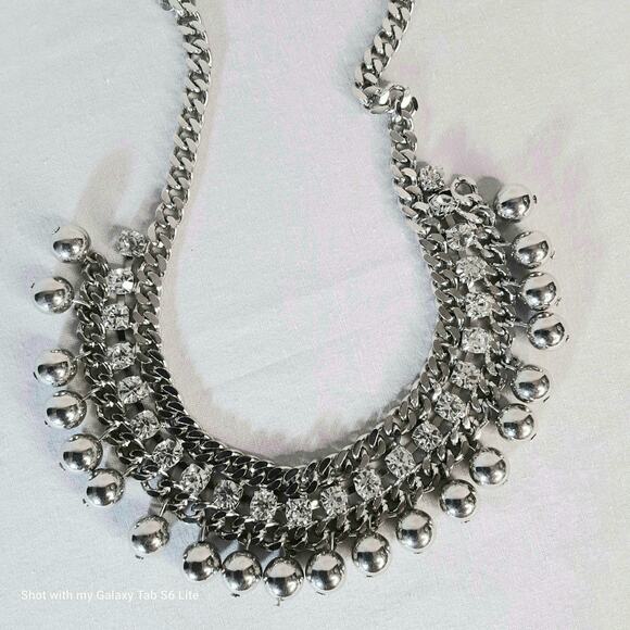 Silver Tone Bib Necklace Tribal Curb Chains Rhinestones And Beads - Picture 2 of 13